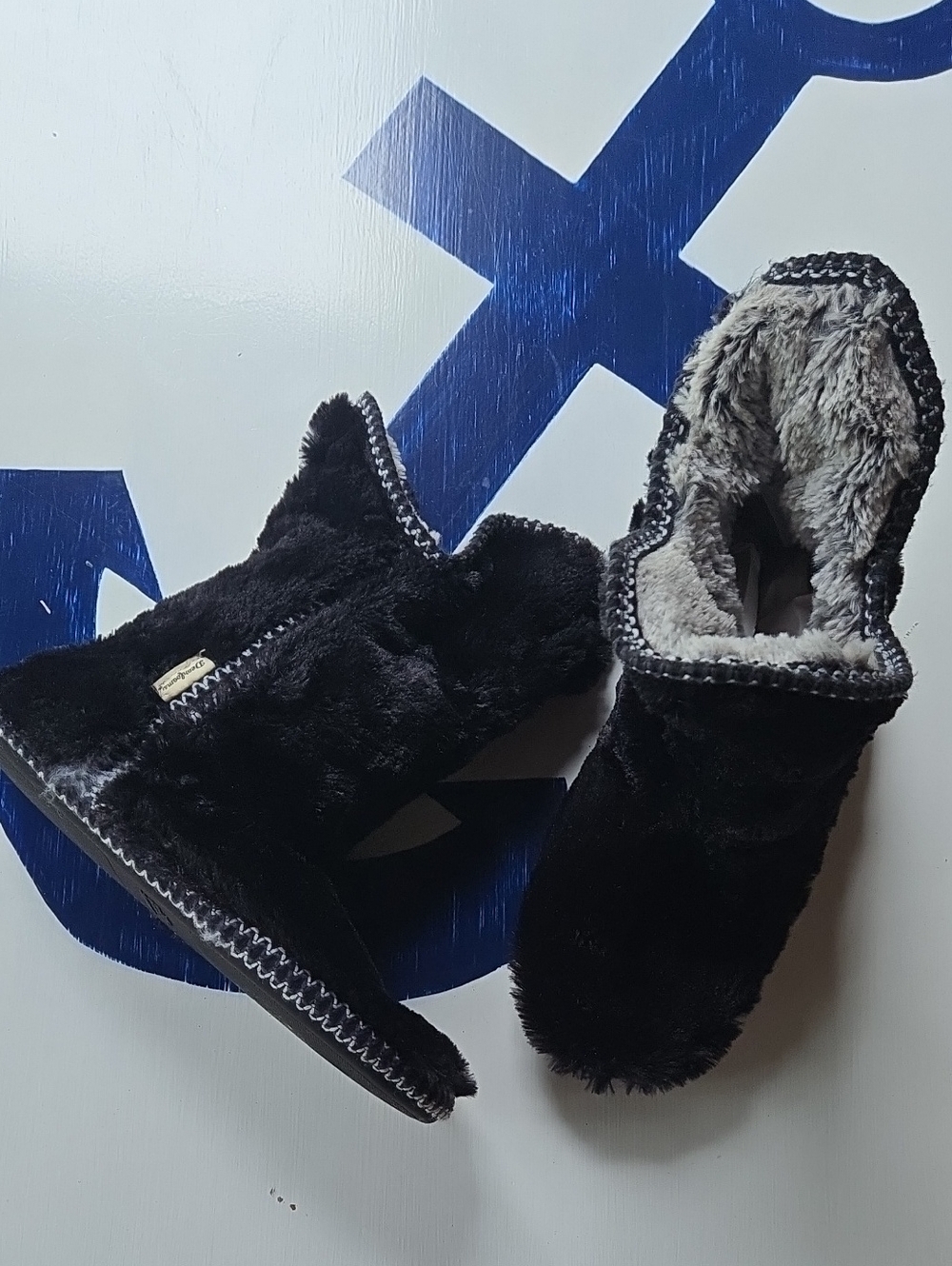Dearfoams "Beth" Black Faux Fur Bootie Ankle Slipper Size Extra Large 11/12